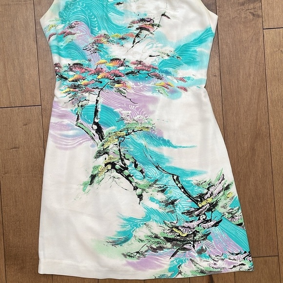 Max & Cleo Sheath Dress US2 Sleeveless abstract Japanese Sundress Aqua Cream - Picture 5 of 11